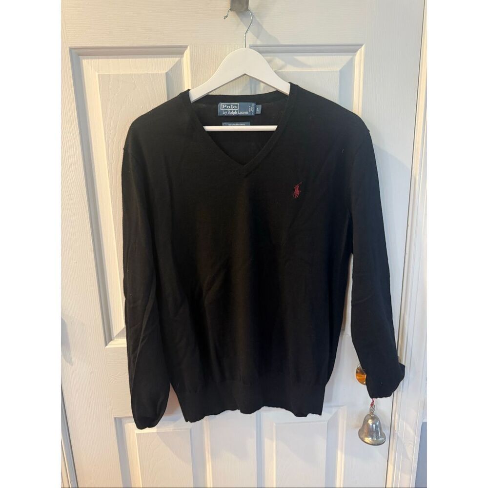 Polo by Ralph Lauren Black 100% Merino Wool V-Neck Sweater sz L EUC